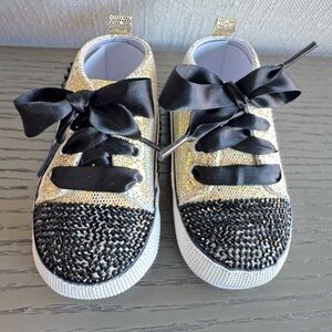 Gold and Black Crystal-Accented Kids Sneakers with Satin Ribbon Laces